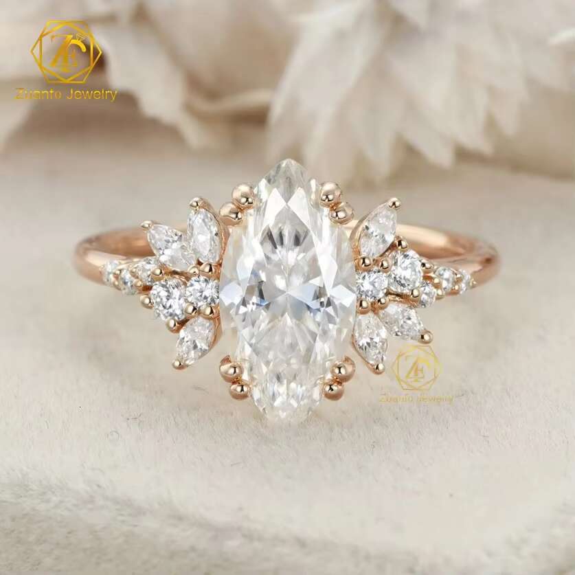 GRA Certificated 14K 18K Gold 2CT Halo Marquise VVS Moissanite Diamond Ring Custom Women Fine Engagement Wedding Rings