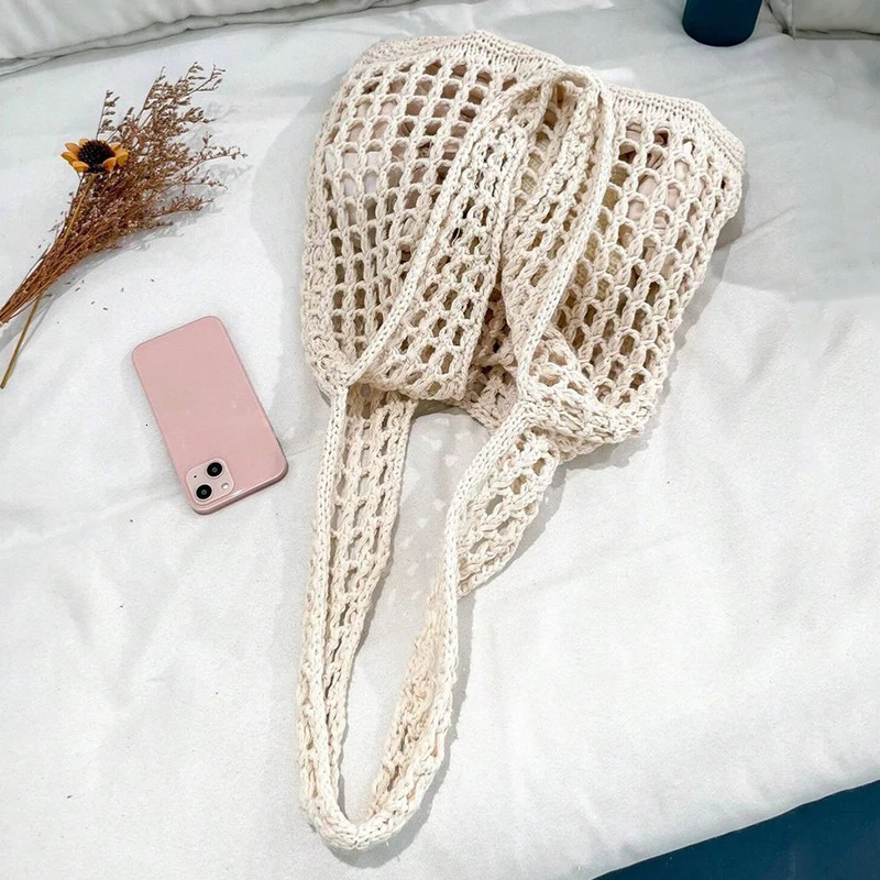 Fashion Crochet Bags for Women Summer Beach Tote Bag Aesthetic Handbag Bohemian Woven Knit Shoulder Bag 251112