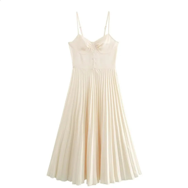 Wxw4858 beige sleeveless spaghetti strap dress high waisted Aline strapless pleated ultrathin backless Midi 250411