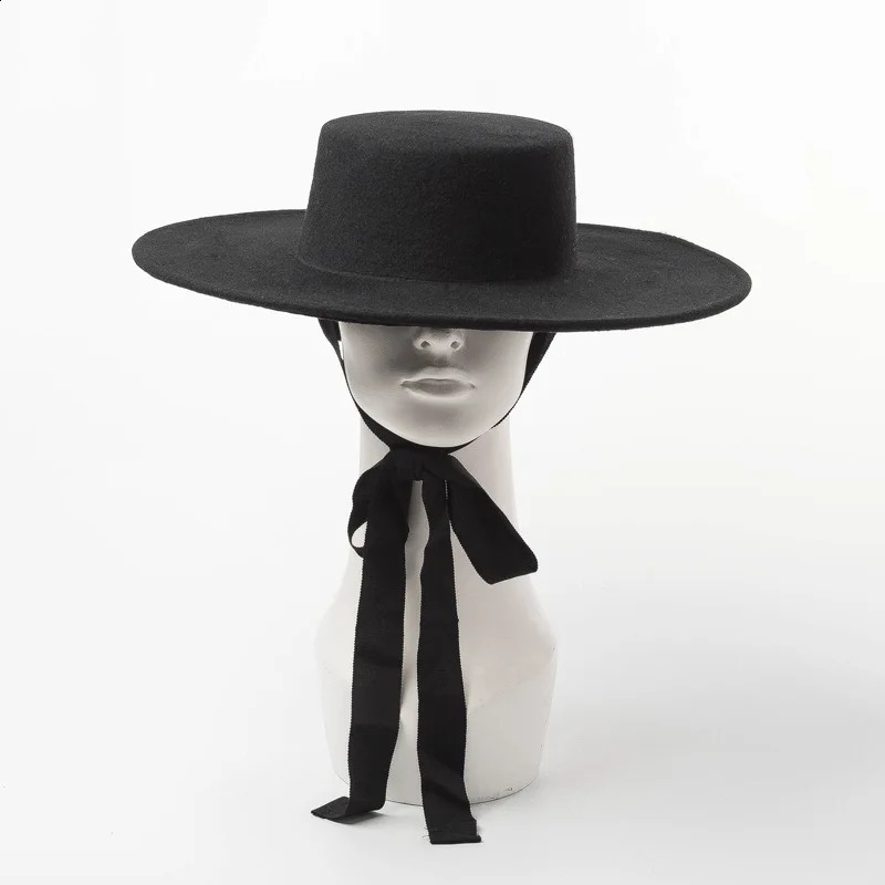 fashion simple woolen top hat ladies wool felt bandage flat hat 250408
