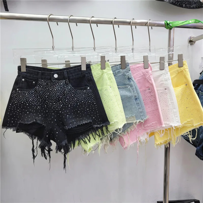 Fashion Diamond Hole Denim Shorts for Womens 2025 Summer High Waisted Jean Booty Shorts Feminino 250411