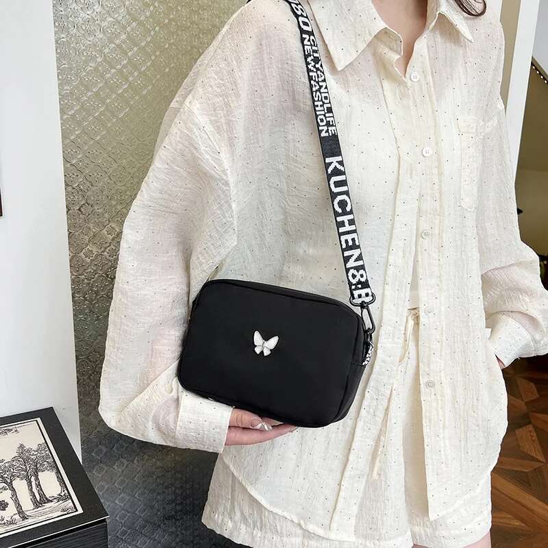 Black&white Shoulder Durable Butterly Nylon Wide Belt Crossbody Casual Small Sqaure Bag For Women