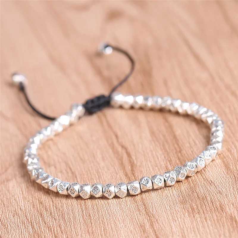 Tibetan Buddhist Faceted Carving Tibetan Silver Color Beads Adjustable Rope Bracelet For Men Handmade Knots Thread BraceletsC250411