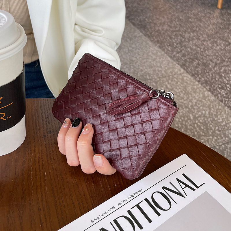 2025 New style genuine leather small wallet short women's sheepskin hand-woven zipper large-capacity card holder