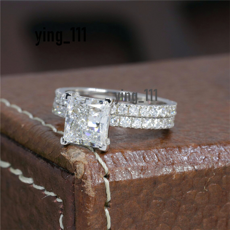 Jewelry 14K White Solid Gold Princess Cut 2.0 Carat Lab Diamond Engagement Ring Set Real Gold Ring Eternity Band For Wedding Gift