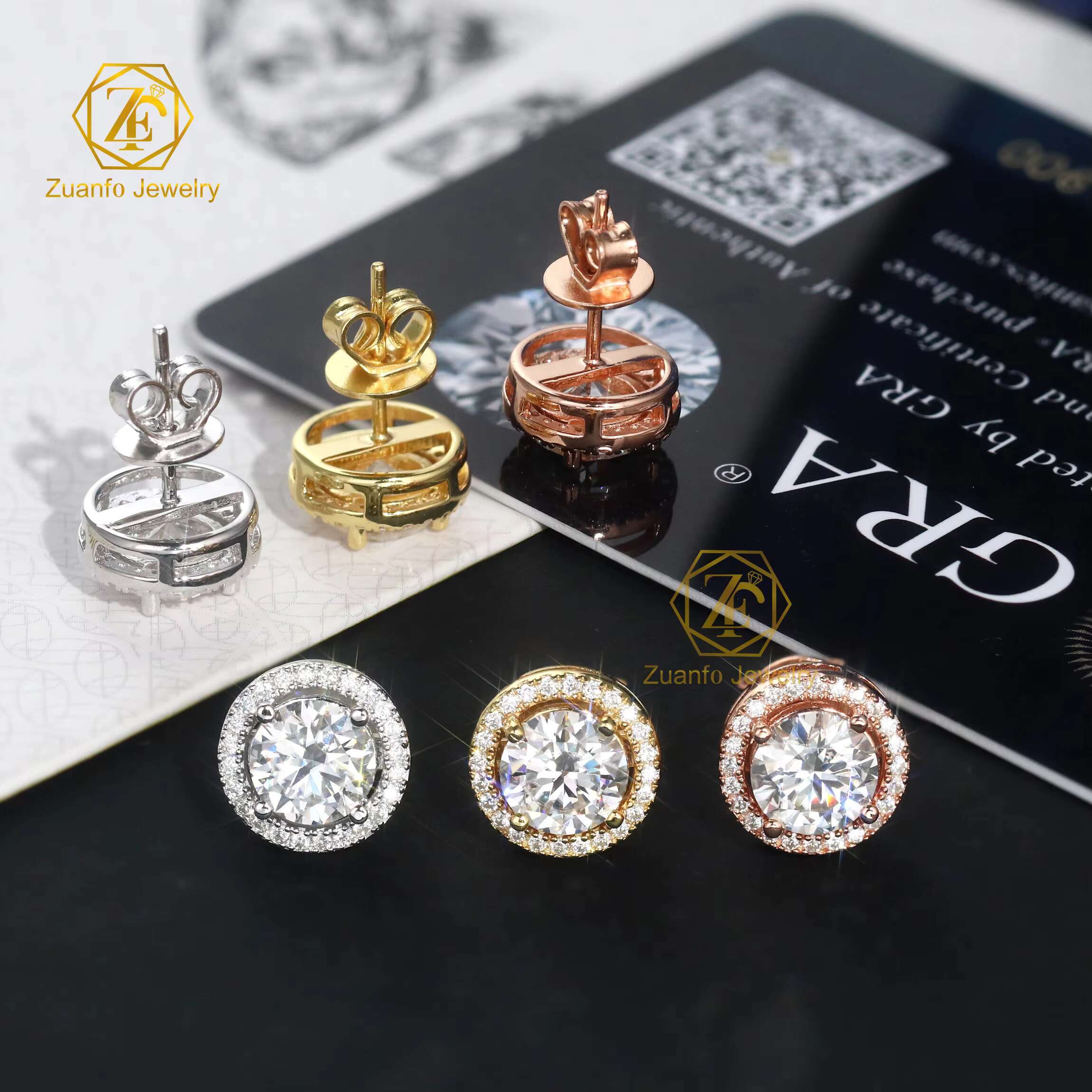 wholesale manufacture 925 Sterling Silver Iced Full Vvs Moissanite Round Stud Earrings Flower Pattern Men Women Weddings Gifts