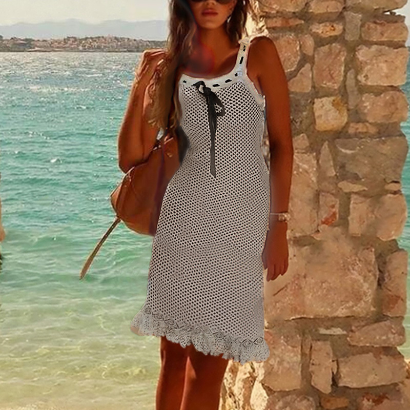 Valentine's Day Nordic Breeze Spring and summer leisure romantic holiday style hollow translucent design dress slim long sleeve women's smoc