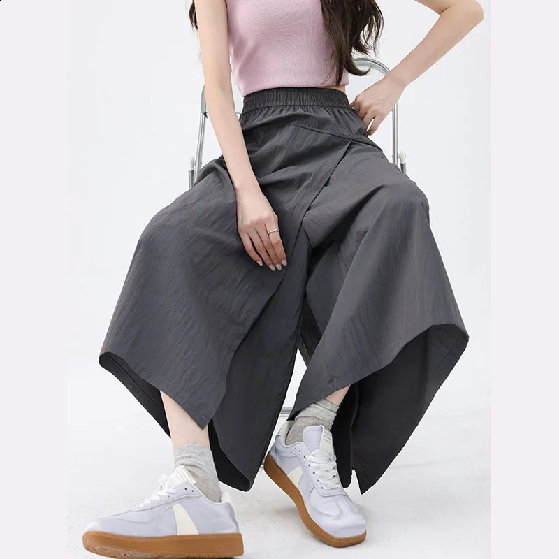 Harajuku Womens Wide Leg Pants Casual Elastic High Waist Pocket Leather Pants Womens Summer Solid Leg Pants 250408
