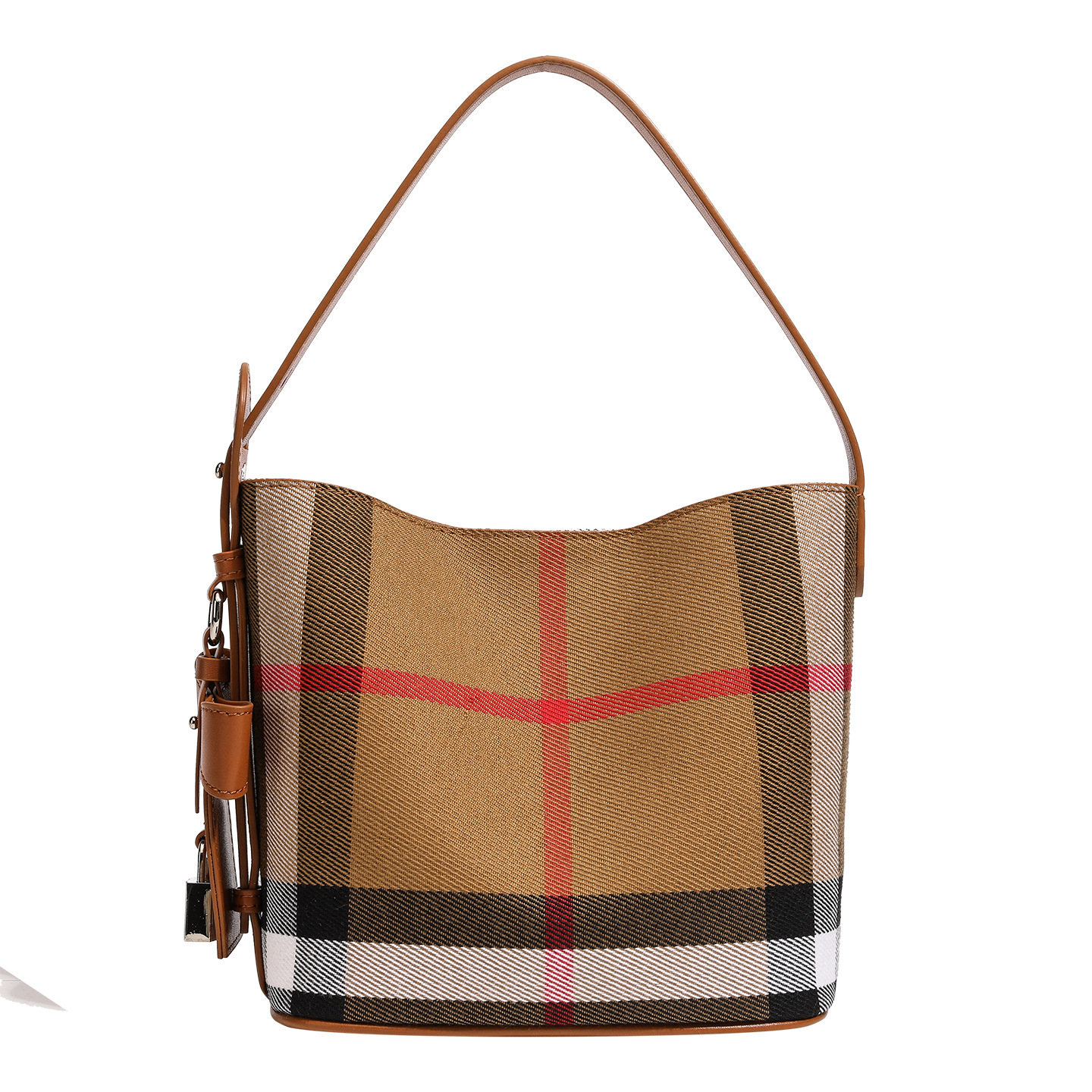 New Style Plaid Cloth with Leather Bucket Bag 2025 High-end Casual Large Capacity Women's Bag Plaid Handbag Shoulder Bag