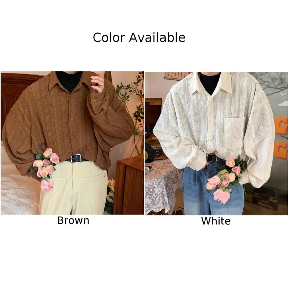 Shirts For Men Apricot Handsome Lapel Men Blouse Vacation Hollow Out Sexy Fashion Men Clothing Male Mesh Long-sleeved Shirts 250409