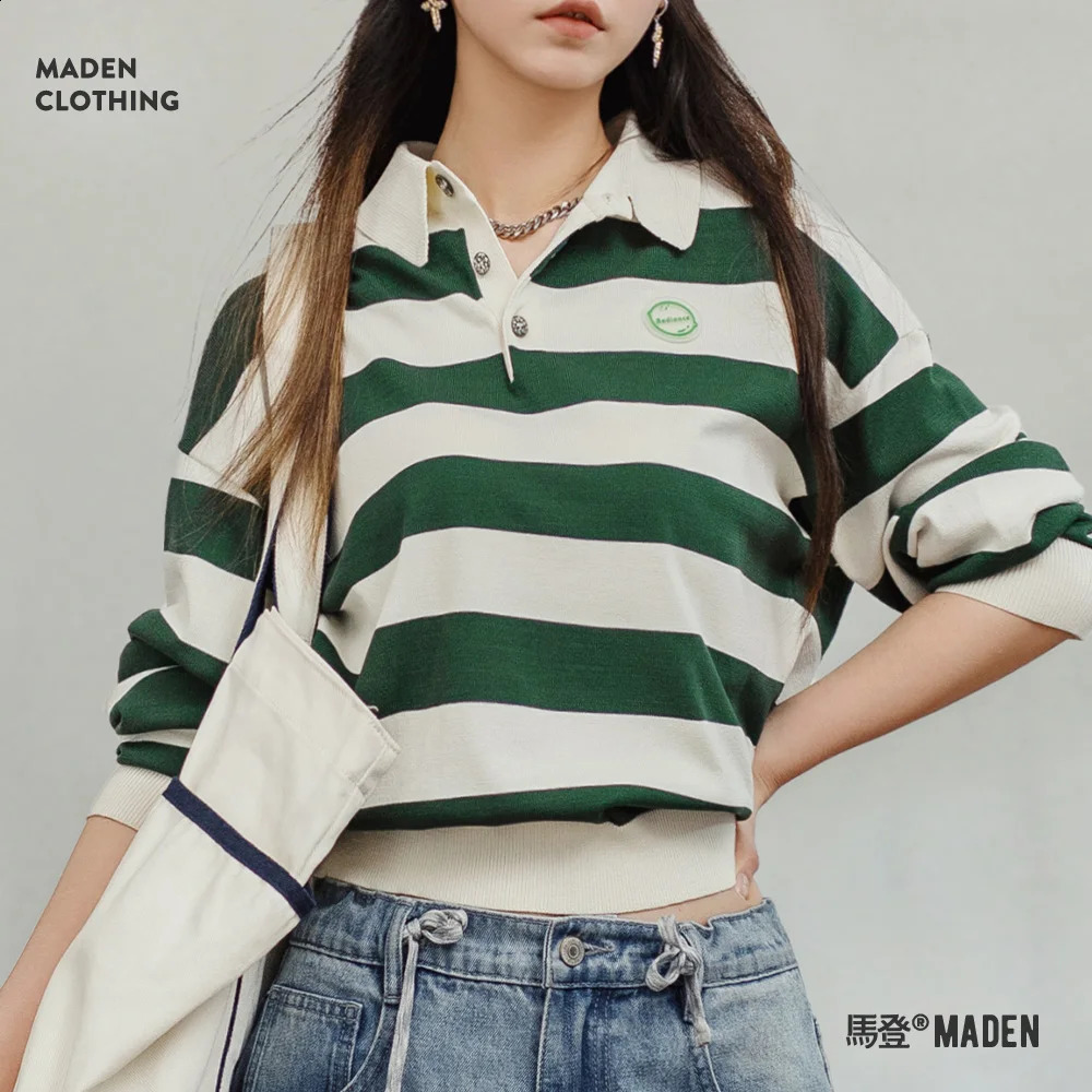 Maden Retro Classic White and Green Color Blocking Striped Polo Shirt for Women Autumn Long-sleeved T-shirt Loose Casual Tops 250411