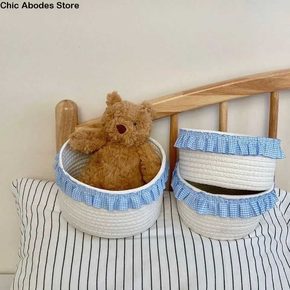 Trendy Blue Sundries Storage Baskets Hand-woven INS Lace Snacks Basket Cotton Rope Cute Storage Bins Bedro Y251112