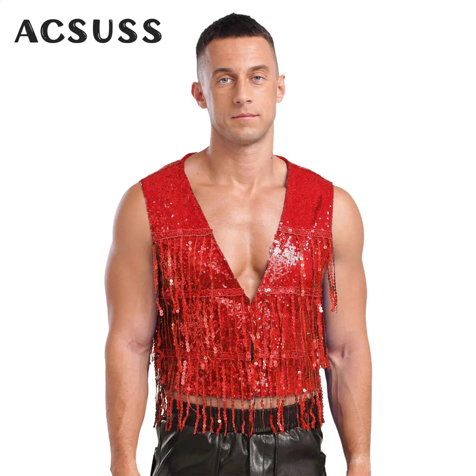 Men Shiny Sequins Club Dance Costume Vest Sleeveless Tassel Waistcoat Musical Festival Carnival Stage Performance Dancewear 250407