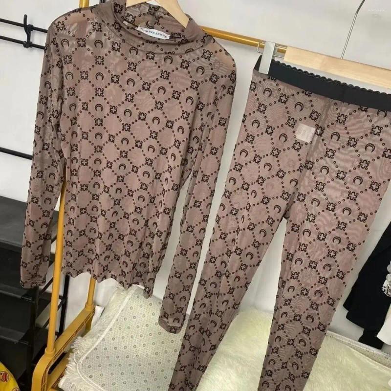 Women's Two Piece Pants Women Set Korean Retro Fashion Long Sleeve Moon Velvet Printed Base Shirt Thin Perspective Spicy Girl Sexy