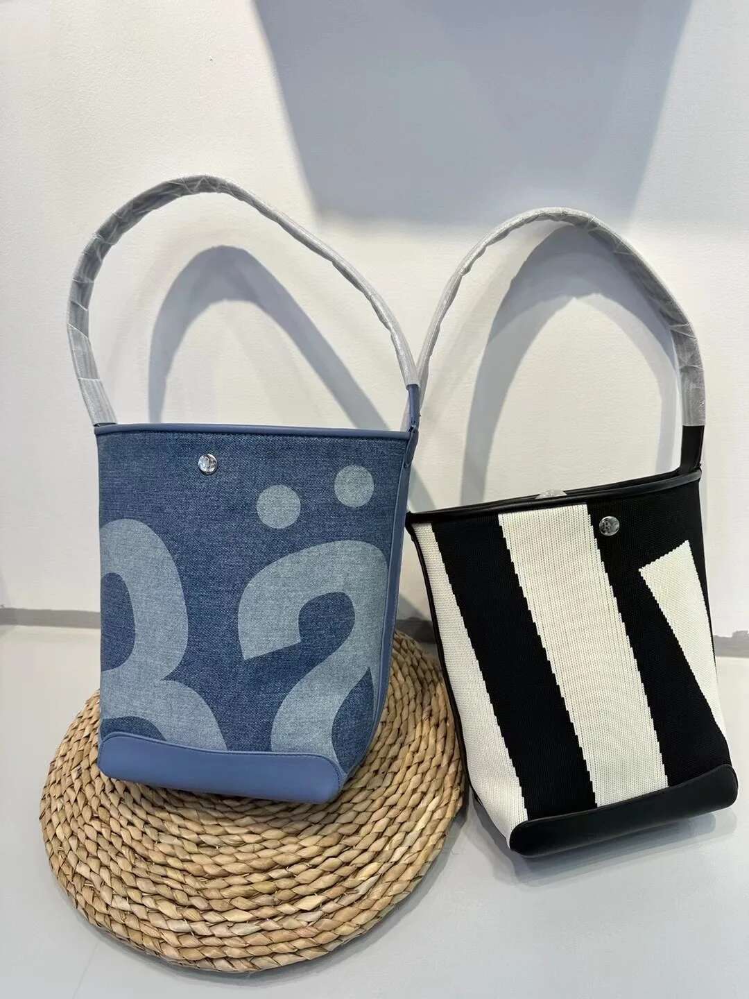 New Fashion Ladies Basket Large Capacity Tote For Female Women's Retro Blue Contrast Color Shoulder Bag