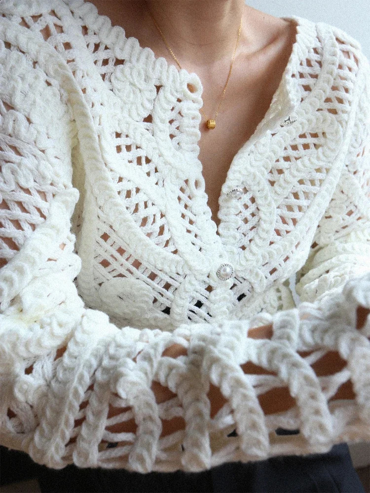 Women Handmade Hollow-out Slim Fit Cardigan 2025 Fashion Trends Crochet Sweater Spring Summer White Knit Bohemain Top 250411