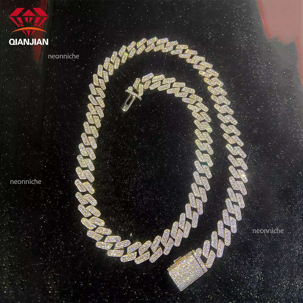 2Rows 14mm Cuban Chain Necklace Fine Jewelry Fashionable Hiphop Style Sterg Sier Moissanite Dia for Men