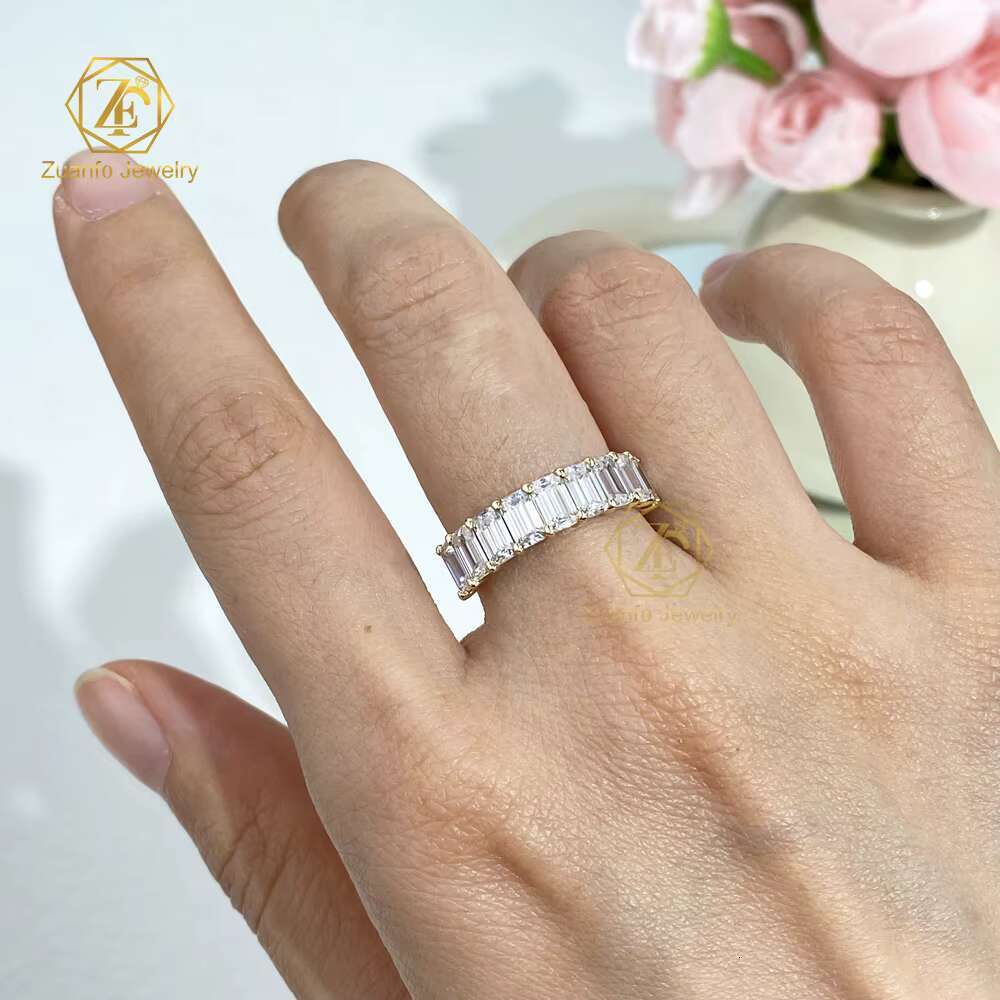 Elegant Style Solid 18K Real Gold Half Eternity Band D/VVS Emerald Cut Moissanite Wedding Band Ring