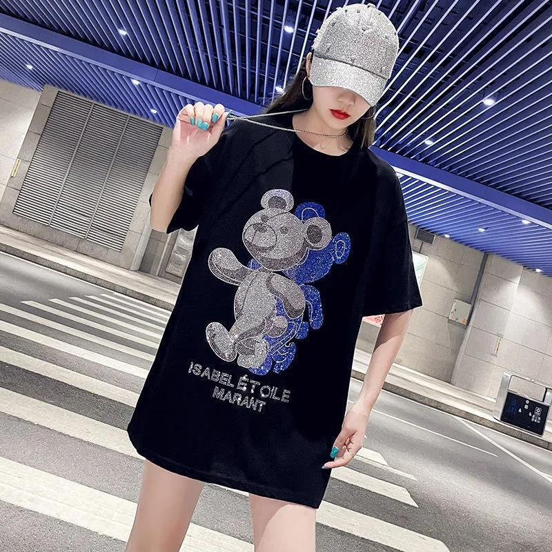 Designer Women's New Summer T-shirt Black And White Heavy Industry Hot Diamond Cotton Teddy Bear Short Sleeve Top Outdoor Casual Fashion Black Wo