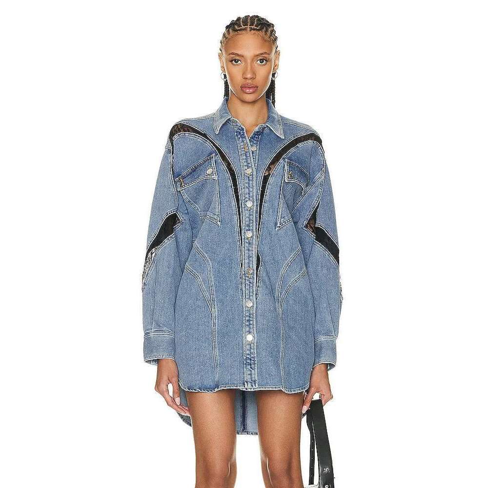 Streetwear Oversized Denim Long Shirt Coat For Women 2024 Autumn Spring Fashion Lapel Asymmetrical Lace Patchwork Casual Jackets