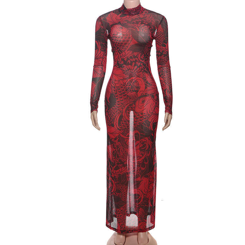 Women's Wear Women's Spring/Summer New Fashionable And Personalized Mesh Print Perspective High Neck Slimming Dress