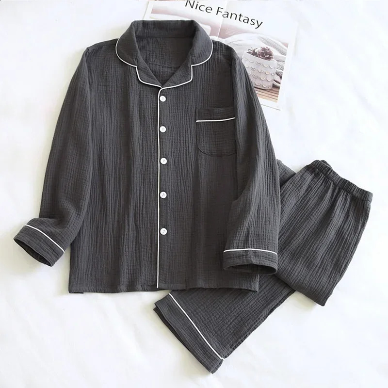MIANDUONI Mens Sleepwear Set Loose Home Textile Spring and Autumn Cotton Crepe Long Sleeve Open cardigan TopPant 2-piece Solid Color Set 250411