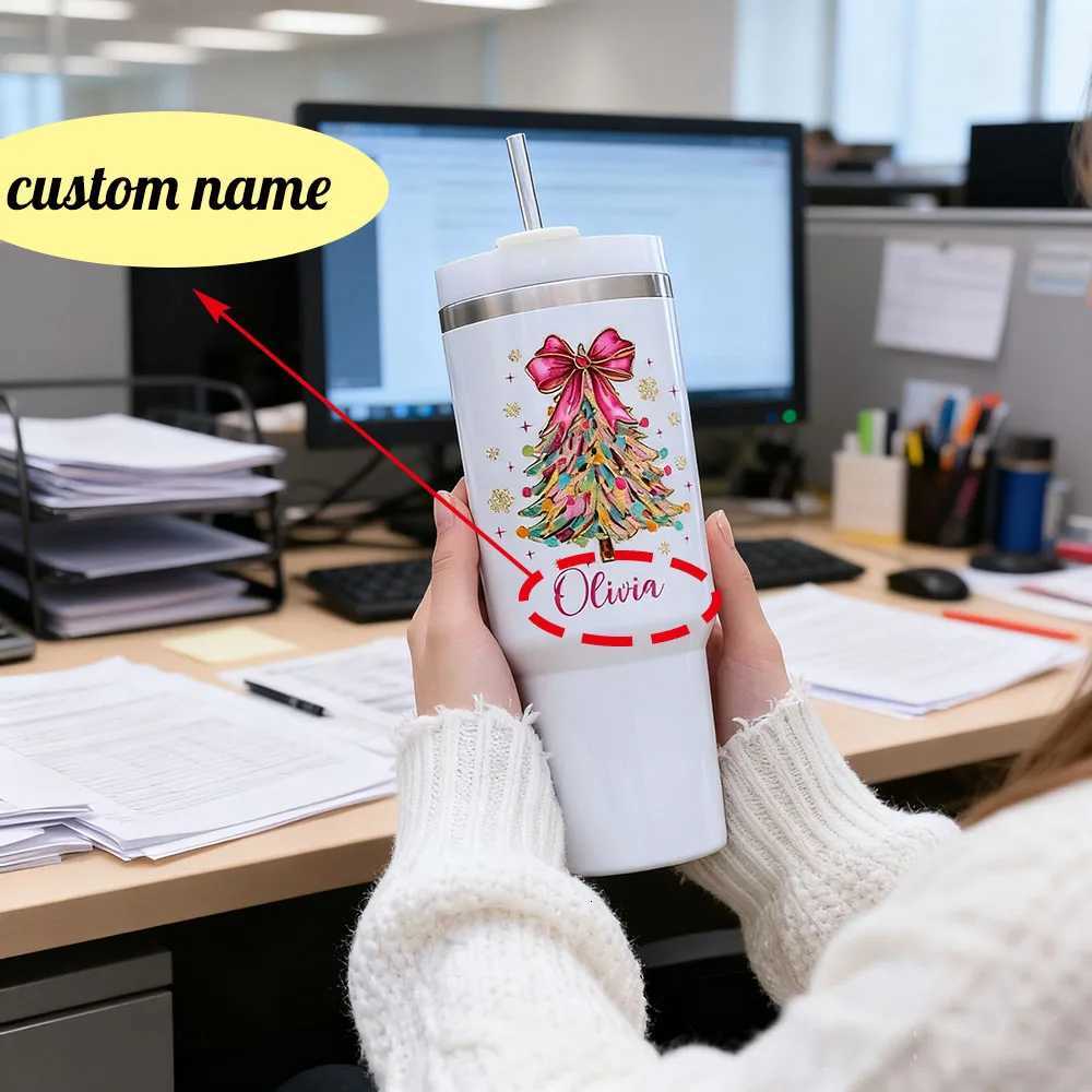 Christmas Christmas Insulated Tumbler Custom Name Faux Glitter Christmas Tree And Bow Trendy Coquette Tumbler Ideal Holiday Gift Y251112