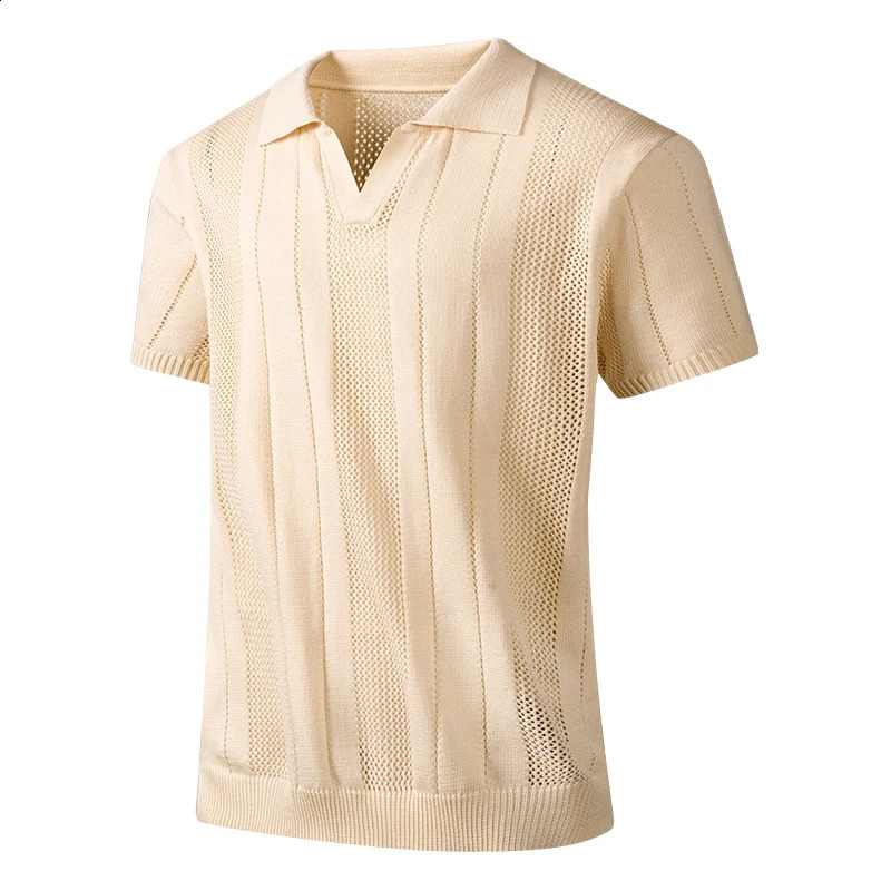 Summer woven striped knit shirt with collar paired with short sleeved polo shirt hollow mesh breathable T-shirt 250411