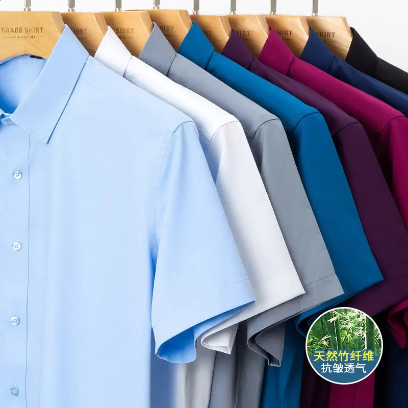 Bamboo fiber elastic mens shirt fashionable and casual business short sleeved top wrinkle resistant and iron free solid color formal shirt S-6XL 25041
