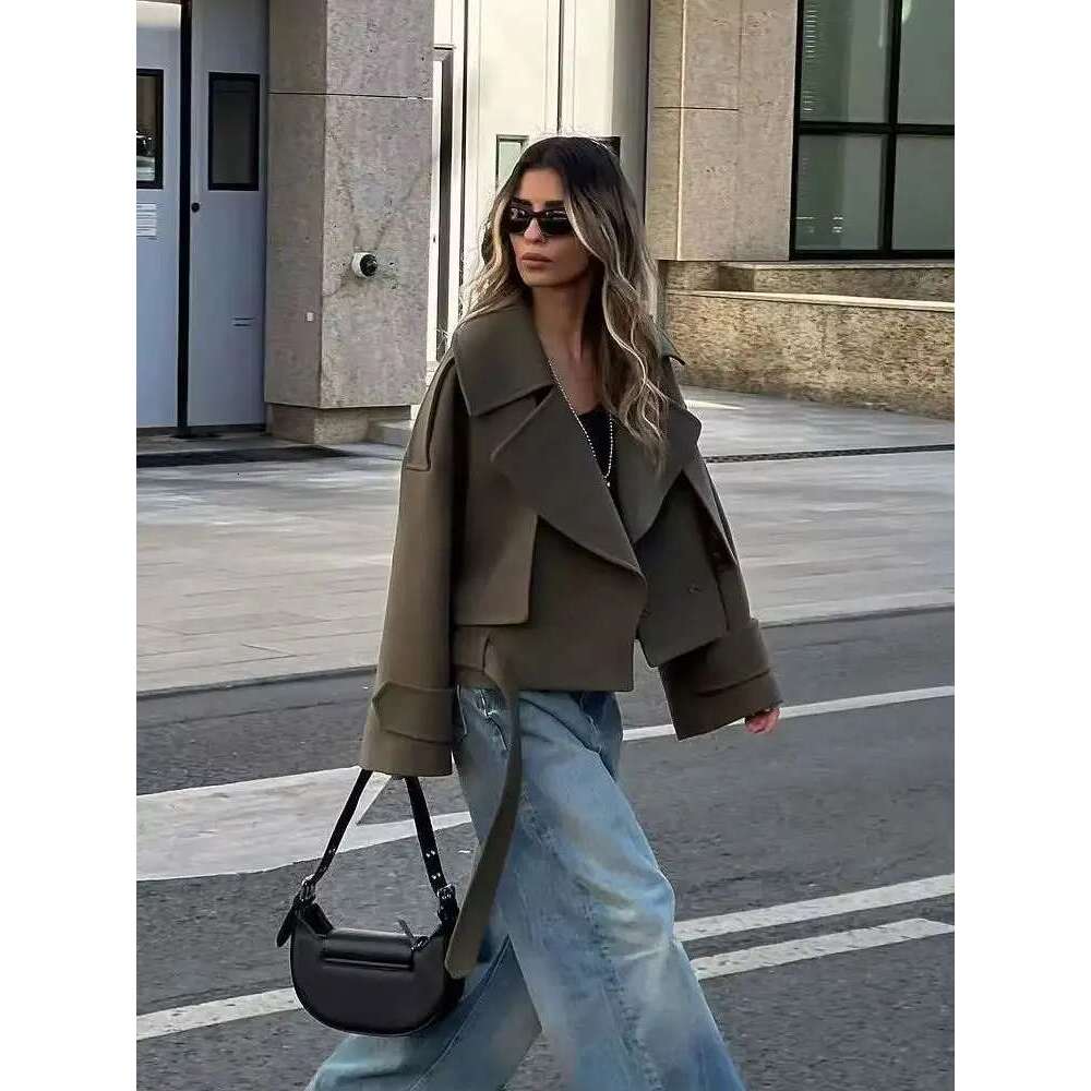 TRAFZA Fashion Vintage New Women Casual Outerwear Long Sleeve Belt Decoration Loose Lapel Woolen Coat Button-Up Chic Tops