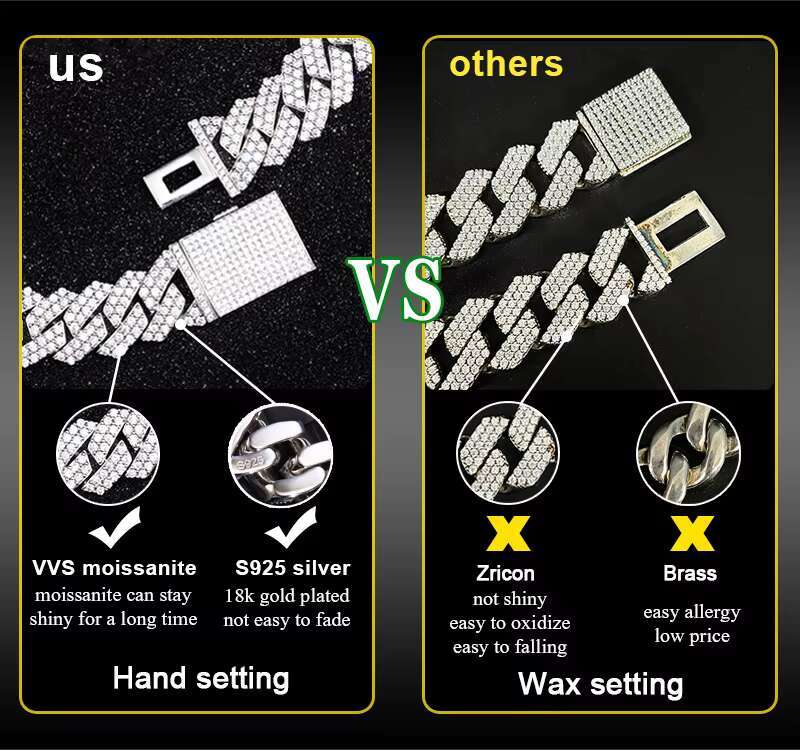 RTS 925 Sterling Silver 8mm Wide 2 Rows D Color VVS Moissanite Hip Hop Necklace Cuban Link Chain