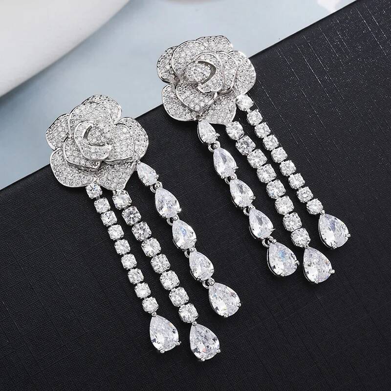 Valuable Flower Diamond Cz Dangle Earring 925 Sterling silver Party Wedding Drop Earrings for Women Bridal Jewelry