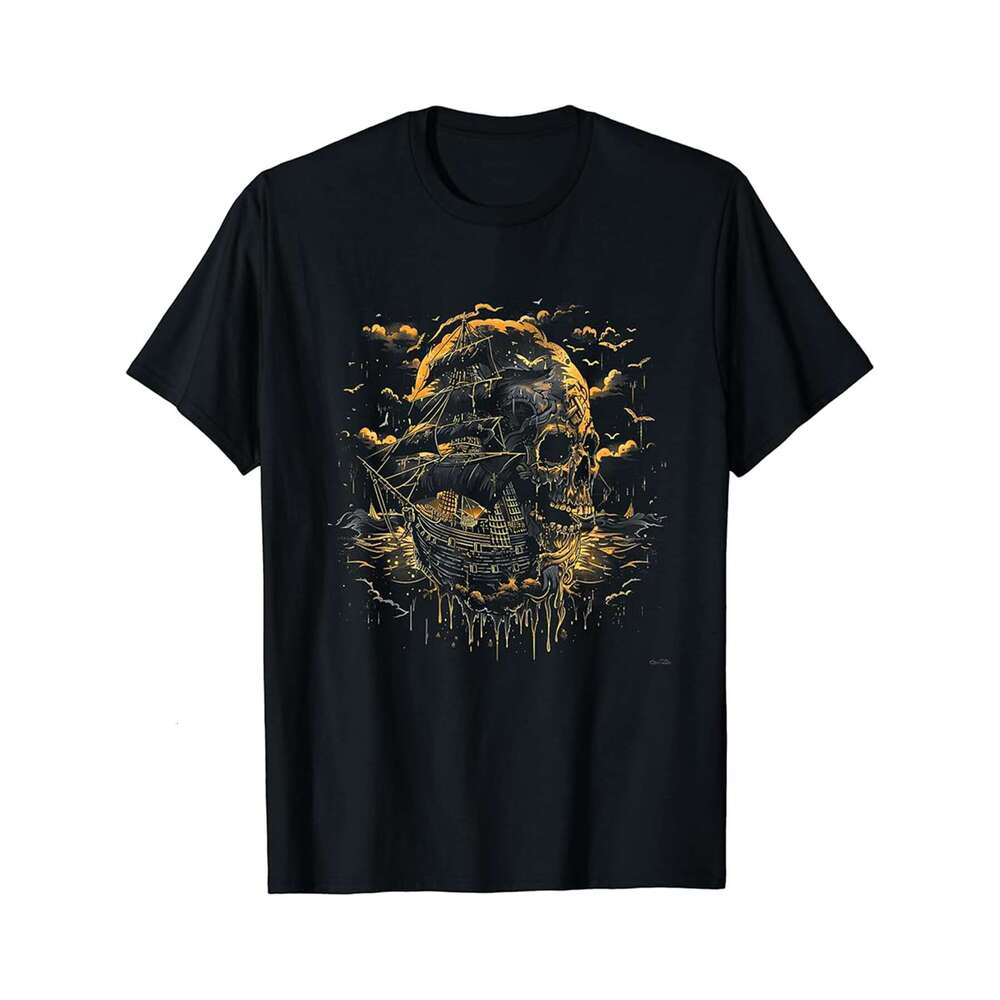 Designer T shirt Skull Ship Sailing Sea Ocean Pirate Skull Tee Graphic Tee - 220g T shits