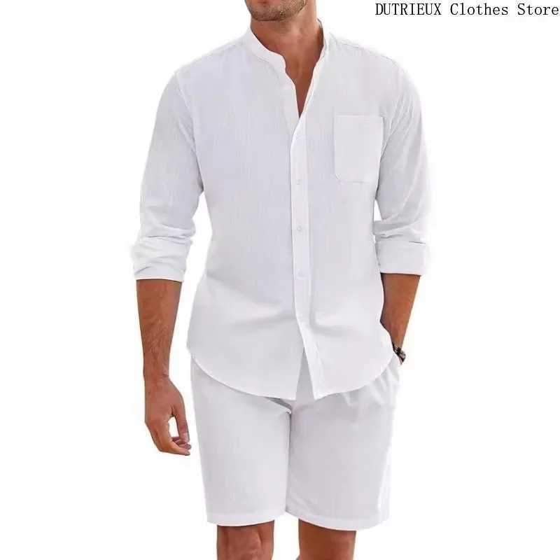 Soft and comfortable solid color mens shirt and shorts summer mens cotton linen long sleeved shirt two-piece setXJ250412