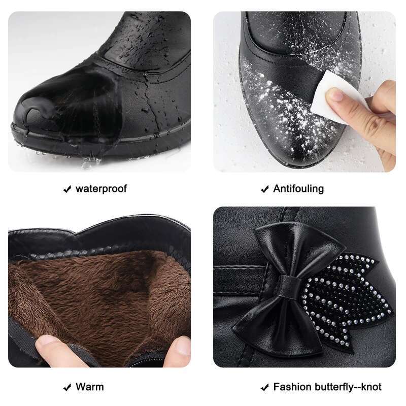 2025 New Bow Leather Boots Microfiber Women's Ankle Black Designer Fashion Zipper Warm Winter Shoes