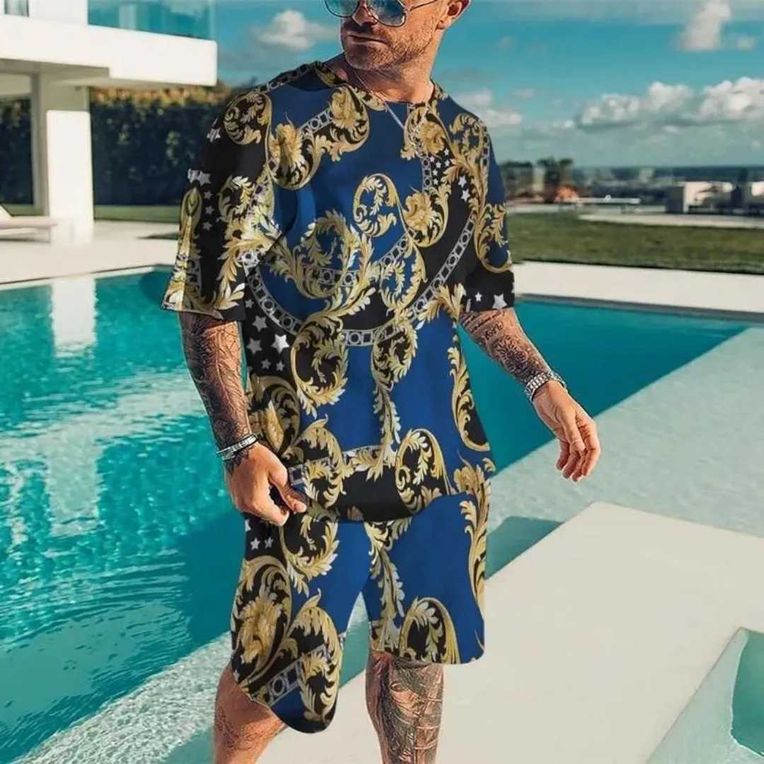 2025 Summer New Mens Luxury Gold Pattern Sports Shirt 3D Printed Short Sleeve T-shirt Set Fashion Casual Mens T-shirt Double PiXJ250412