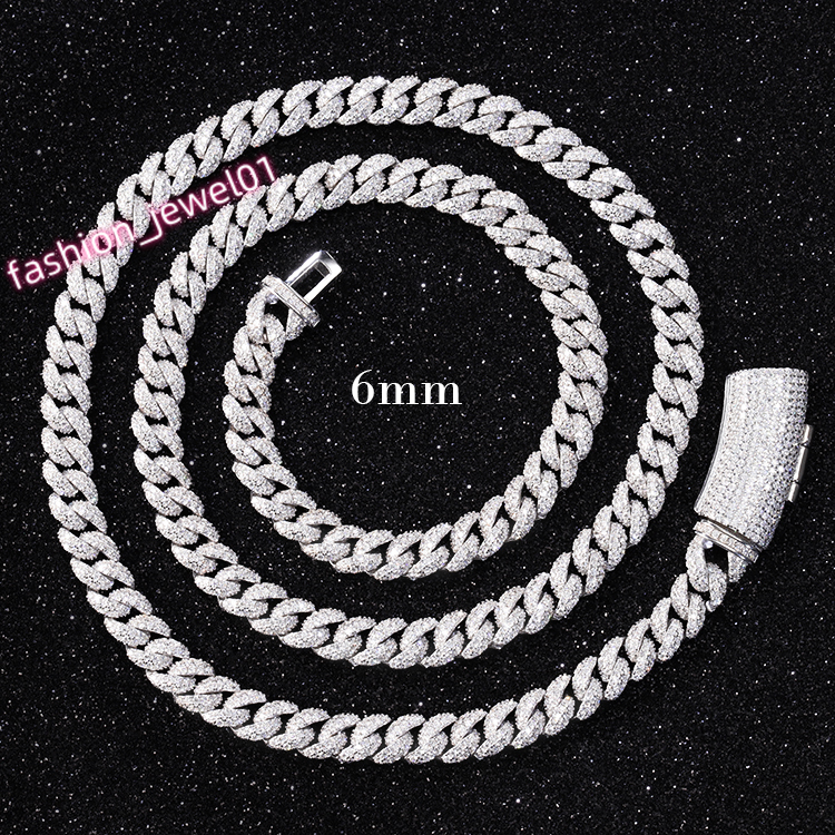 Hip Hop Jewelry 6mm Silver Plated Miami Cuban Link Necklace for Men Iced Out 2Row Moissanite Cuban Chain Fine Chains Necklaces