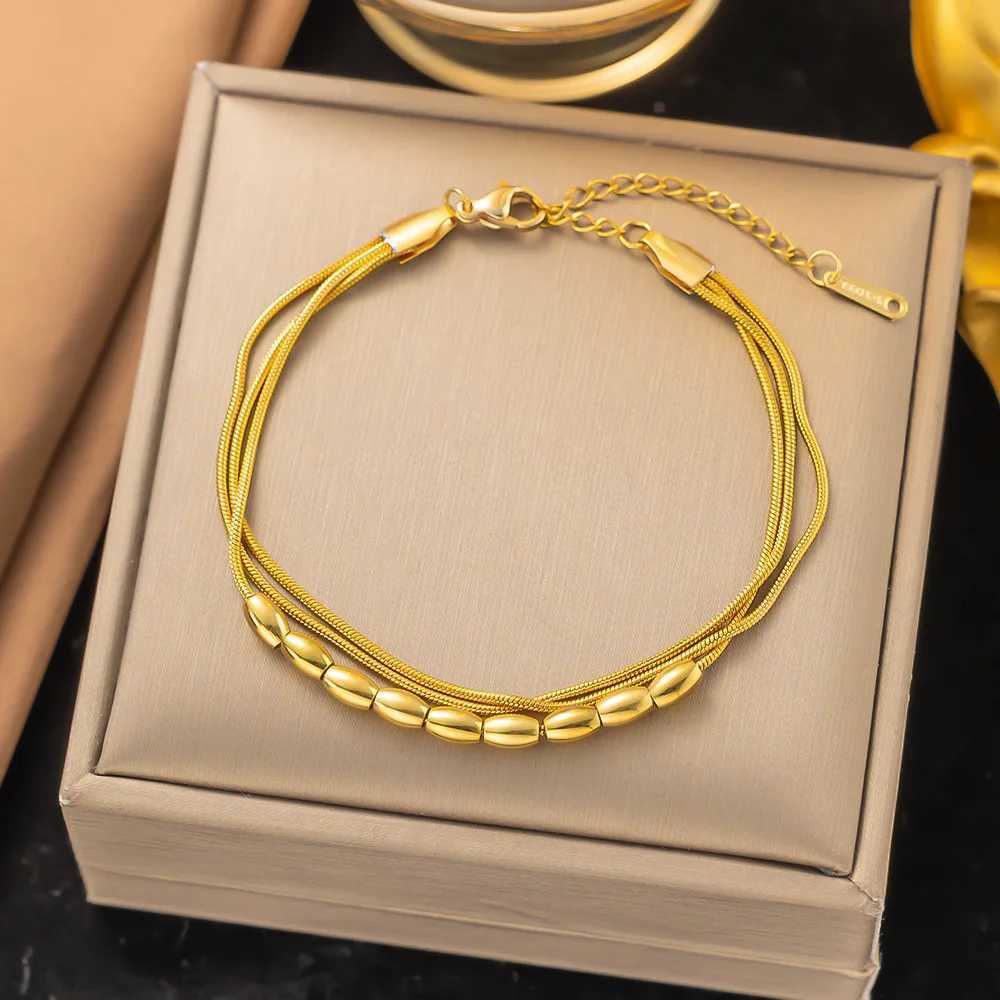 316L Stainless Steel New Fashion Fine Jewelry Minimalism 3-Layers 3 Colors Bead String Charm Chain Bracelets For WomenC250411