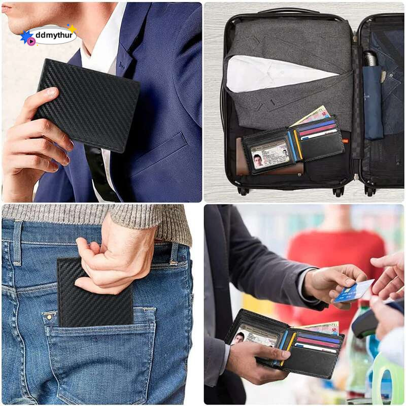 Slim Minimalist Tri-Fold Carbon Fiber RFID Blocking Men's Wallet With ID Window and 9 Card Slots ddmythur