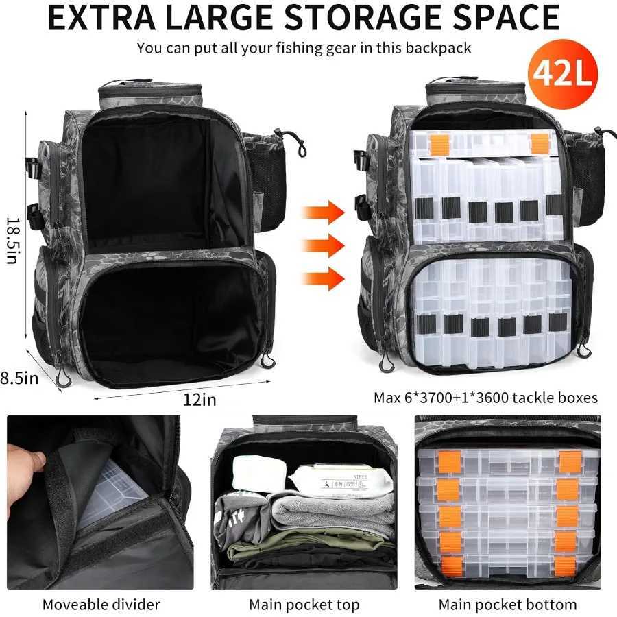 Rabjen Fishing Tackle Backpack with Rod Holders Bottle Holder Storage Bag Store Fishing Gear Z250411