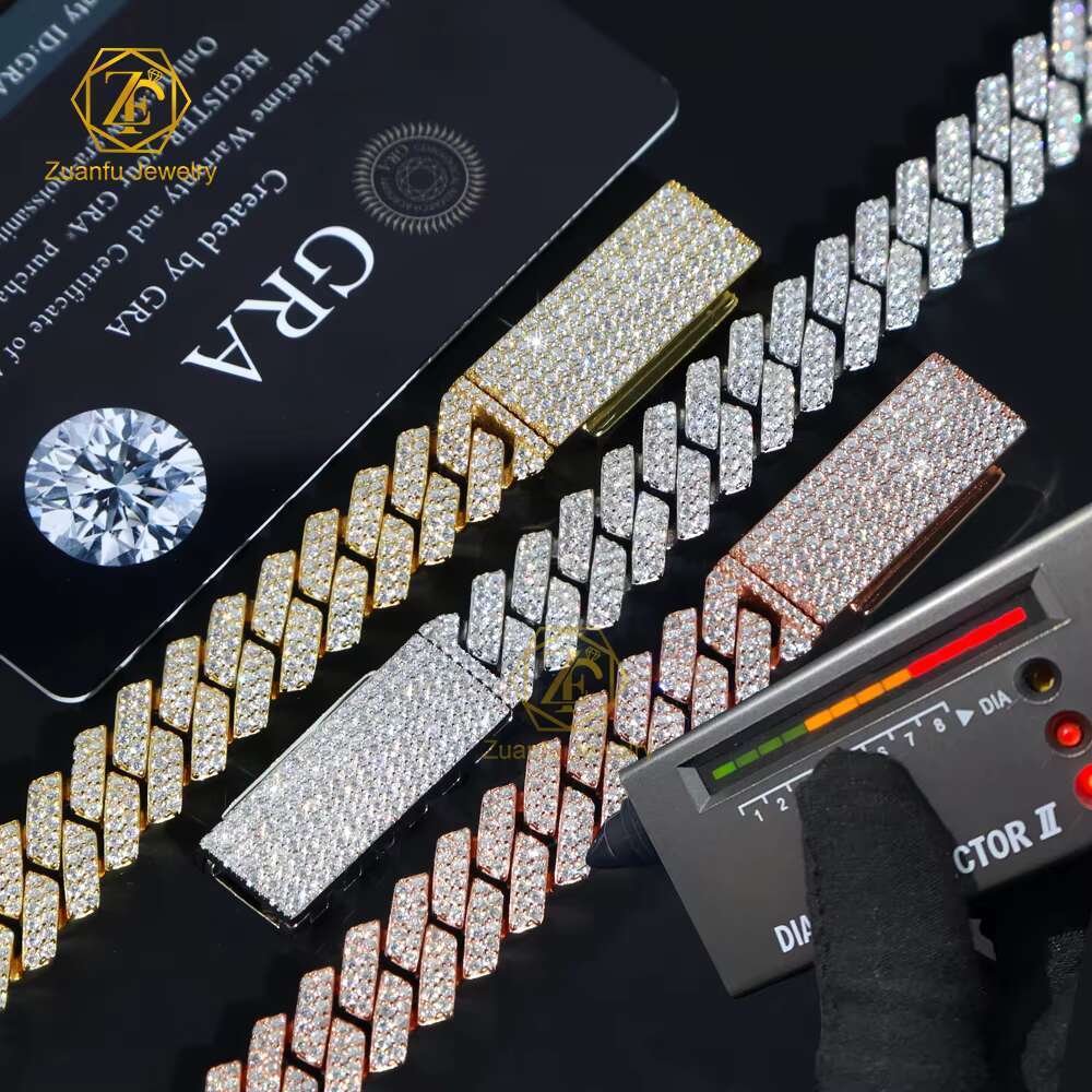 Custom 15mm Cuban Chain Hip Hop Iced Out Jewelry Moissanite Diamond 925 Sterling Silver Cuban Link Chain