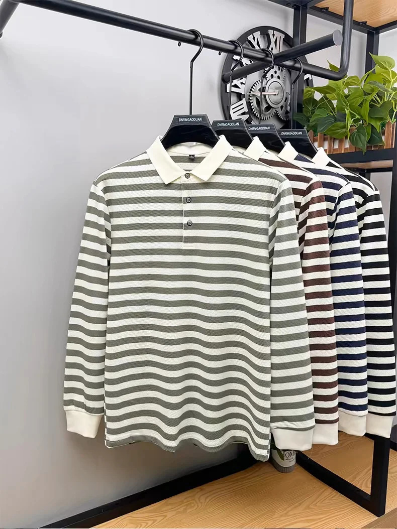 Contrast Stripe long sleeved polo shirt mens autumn high-quality polo shirt collar Korean casual youth top 250411