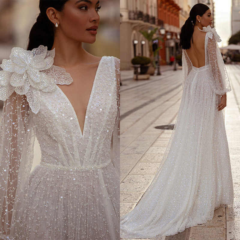 Sparkly A Line Wedding Dress Sequined 3D Flowers Long Sleeve Bridal Gowns Customized Beach Sexy Backless Bride Dresses