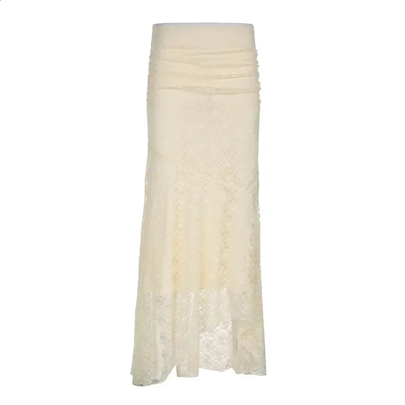 Two Layer Lace Trumpet Mermaid Long Skirts For Women Vintage Elegant Fashion High Waist Skirt Holiday Outfits 250411