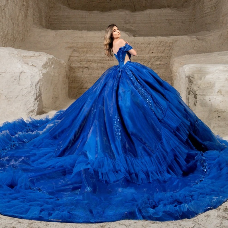 Royal Blue Shiny Princess Quinceanera Dresses Off Shoulder Beads Applique Lace Tiered Tull Sweet 16 Dress Ball Gown Vestidos 15 Anos