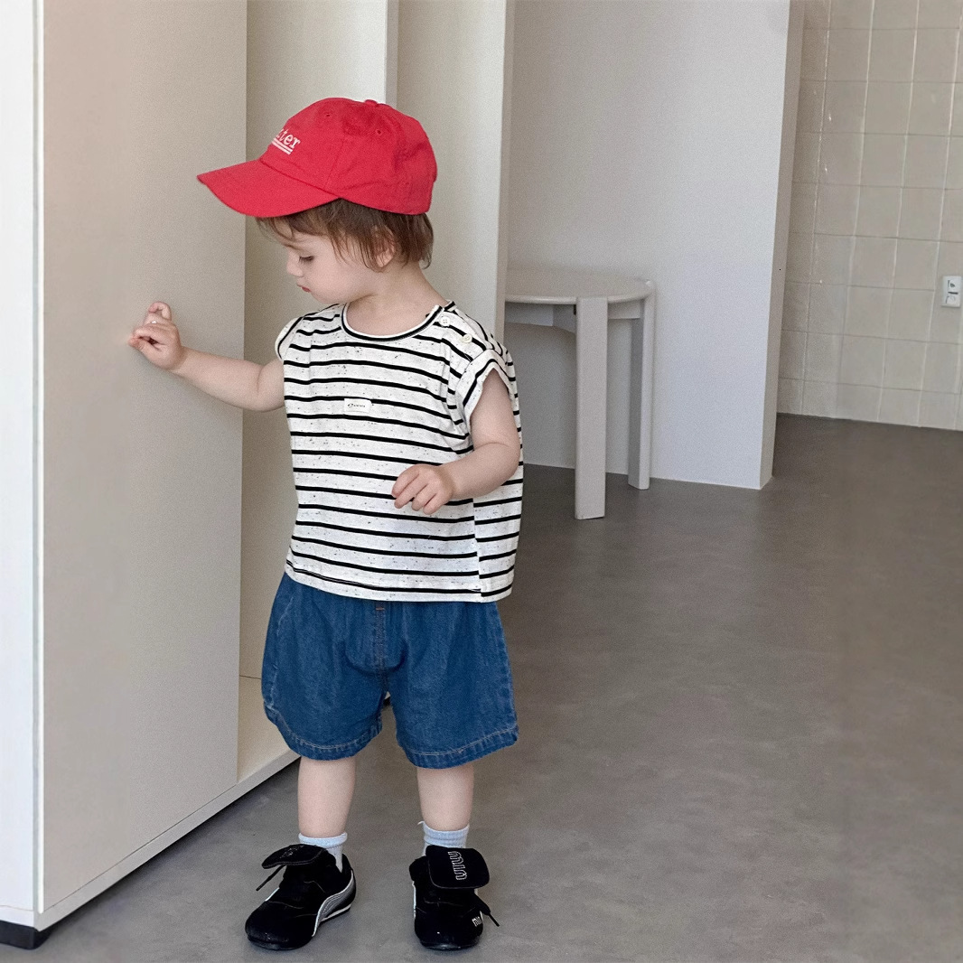 Ddmyshoesvip Boys Striped T Shirt Denim Shorts Set Thin Korean Version Baby Clothing Children S Summer Style