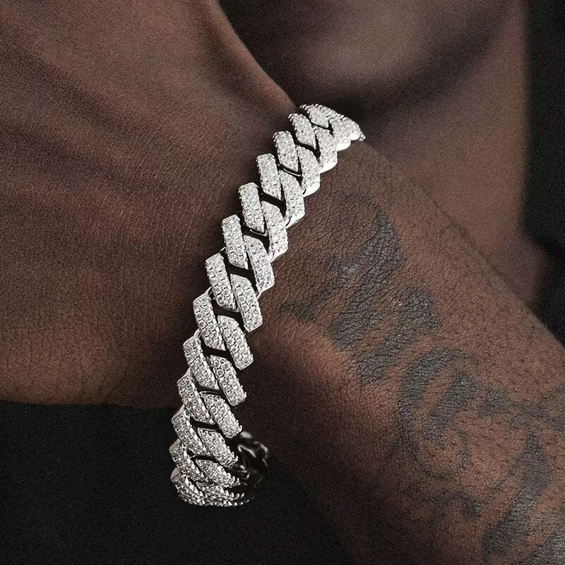 Factory Direct Sales Mens Fashionable 6-14mm Moissanite Diamond Cuban Bracelet 925 Silver 18K Gold Plated Hip Hop Style