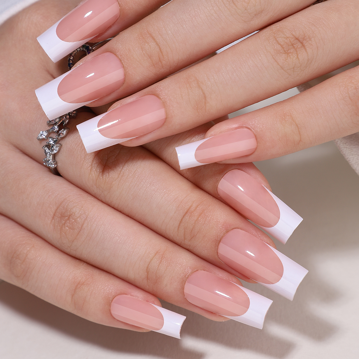 32pcs Square Medium-Length French White Coffin Acrylic Nails - Full Set with Press-On Application