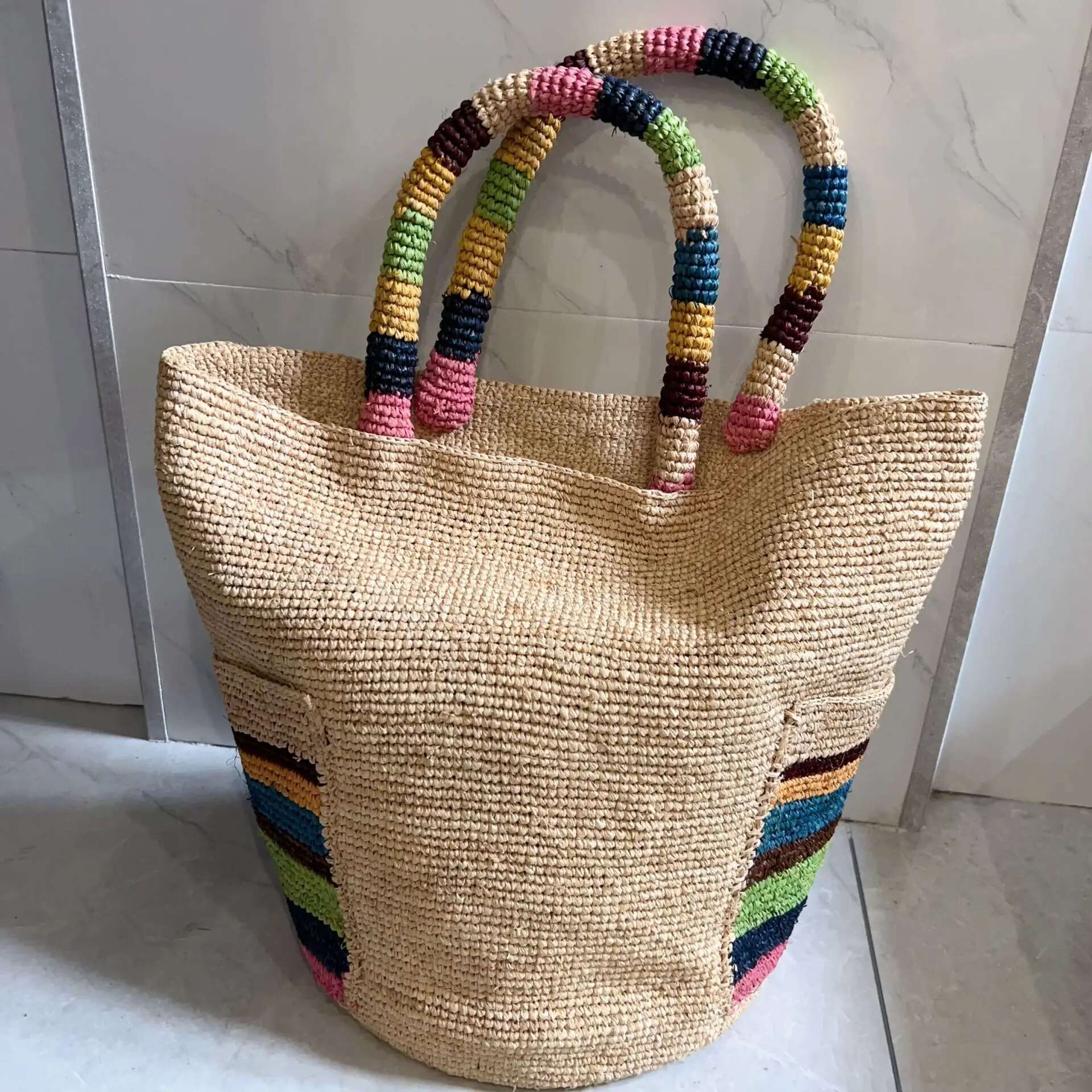 Summer Color Strip Straw Handmade Woven Rattan For Women Handbag NEW Raffia Beach Shoulder Bag Shopper Bucket Bags Tote