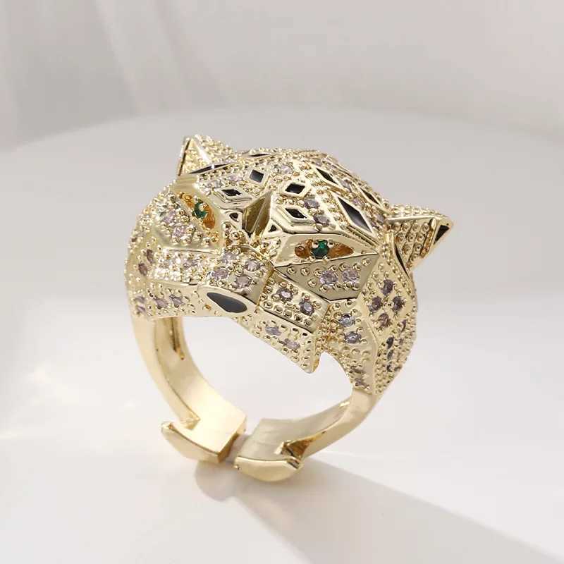 European and American fashion design for womens hip-hop adjustable ring inlaid with zircon leopard head ringXJ250412